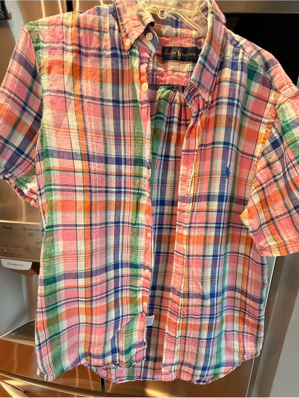 Ralph Lauren Multicolor Plaid Short-Sleeve Button-Down linen Shirt. Men Medium